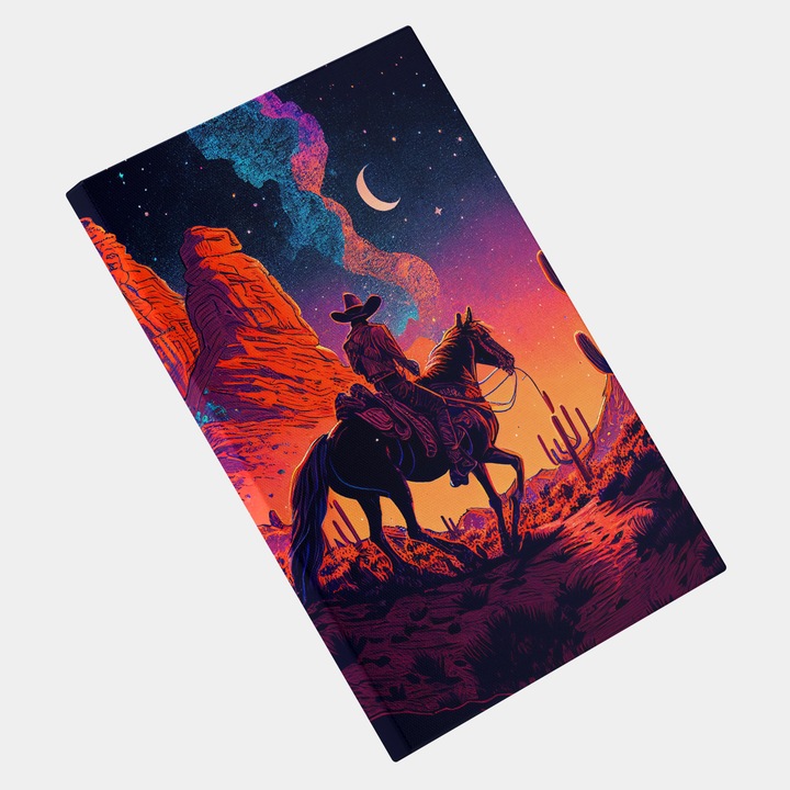 Tablou Canvas, Cowboy pe Cal, Abstract, Calatorind Noaptea, In Mijlocul Pustietatii, Semiluna, Creativ, High End, Arta si Pictura Digitala, Concept Generat cu Inteligenta Artificiala, AI, IA, 25x40 cm, Multicolor
