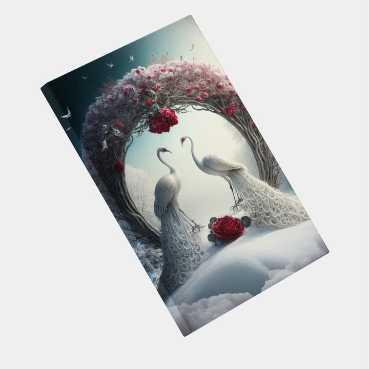 Tablou Canvas Iubirea Pasarilor, Flori, Creativ, Detaliat, Contemporan, High End, Arta si Pictura Digitala, Concept Generat cu Inteligenta Artificiala, AI, IA, 25x40 cm, Multicolor