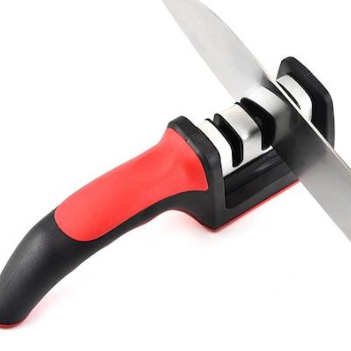 Ascutitor cutite, Otel tungsten/Ceramica/Piatra diamant, 3 Trepte, 20.5x7.5x4.5 cm, rosu