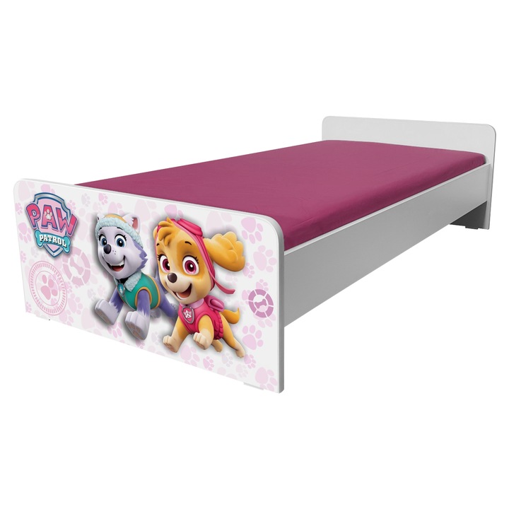 Pat fetite Economic Patrula Catelusilor Pink 2-12 ani cu saltea inclusa 160x80-Alb