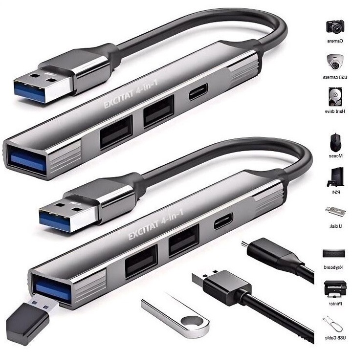 Set 2 hub-uri, Excitat®, 4in1, USB, Argintiu