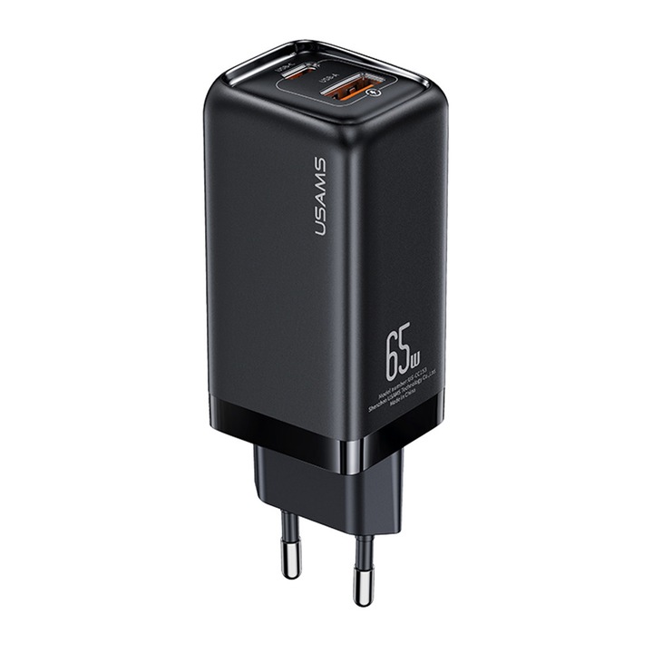 Usams t47 hálózati töltő usb+type-c aljzat, 65w, pd gyorstöltő 3.0, fekete