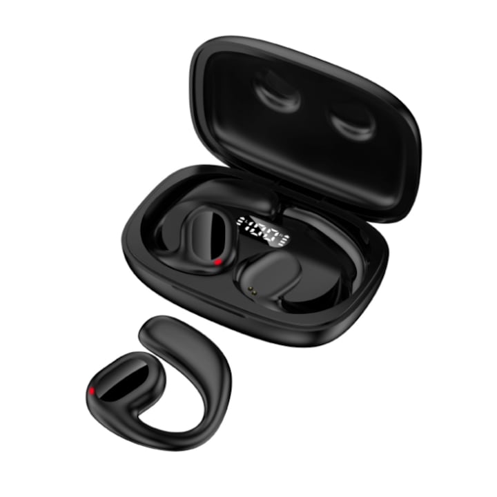 Безжични Bluetooth слушалки Maelove®, TWS костна проводимост, висящо ухо, сензорен цифров дисплей, черни