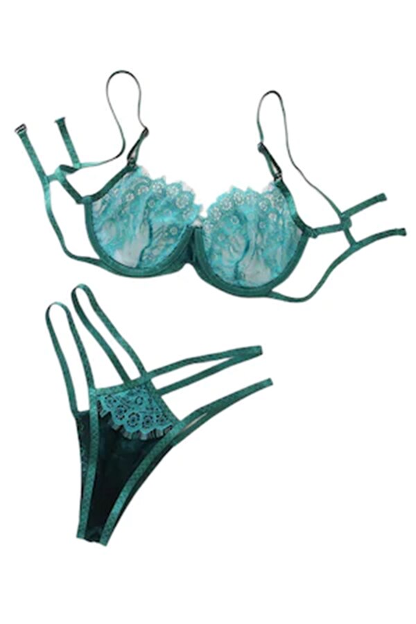 Set Lenjerie Erotica Din Dantela Sutien Si Chiloti Tanga Verde Marimea L Emagro 