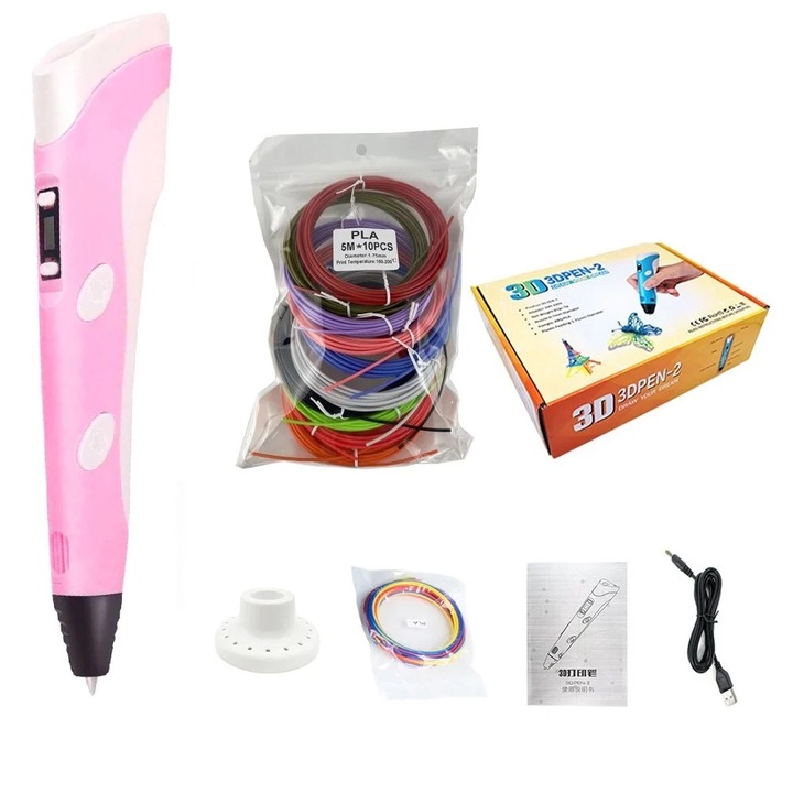 OEM 3D ceruza LCD kijelzővel, PLA izzószál 1.75 mm, Izzószál kellékek, 50 méter PLA, fehér/rózsaszín