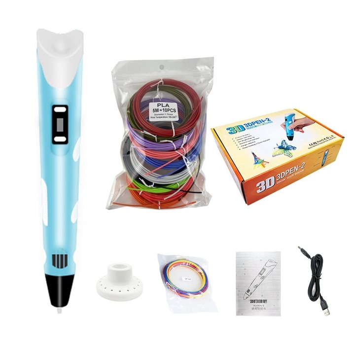 3D ceruza LCD kijelzővel, PLA filament 1,75 mm, Izzószál kellékekkel, 50 méter PLA, fehér/kék
