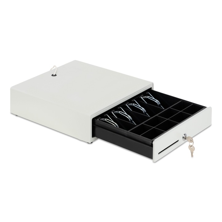 Sertar de bani metalic PICCOLO Z330, 4 cu 8 compartimente, 330 × 330 × 100 mm, Alb