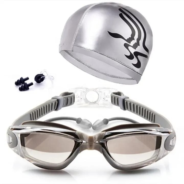 Set de inot cu ochelari anti-aburire si protectie UV, casca, dopuri urechi, cleste nas, Argintiu