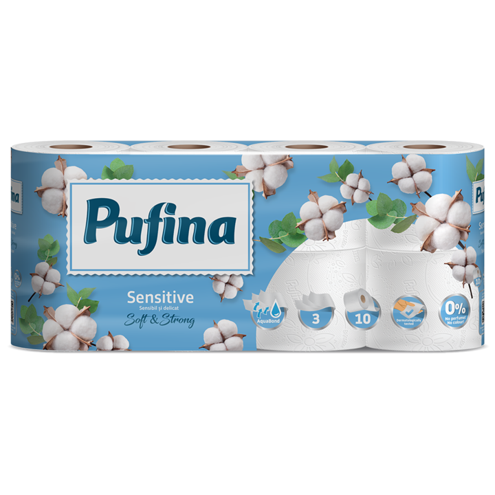 Hartie igienica Pufina Soft Sensitive, 10 role, 3 straturi