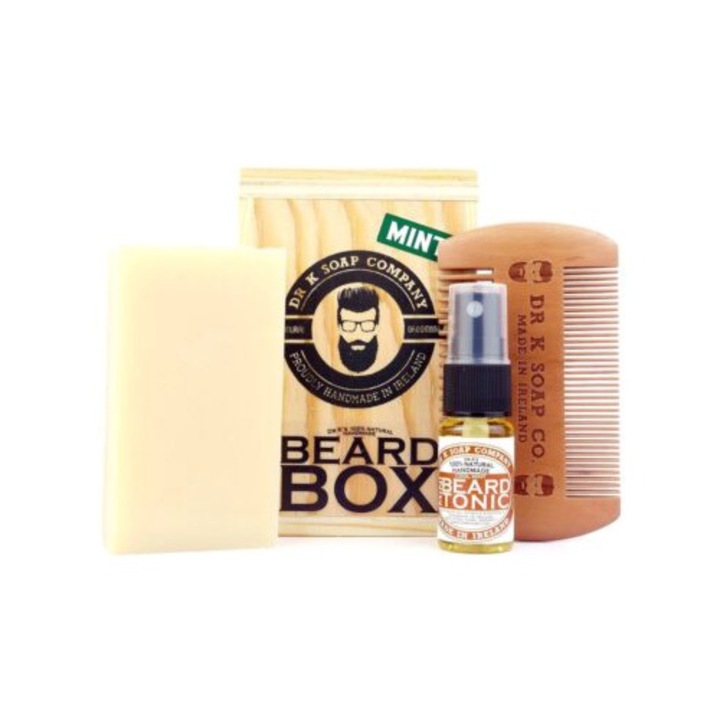 Szakállápoló szett, Dr. K Soap Company Beard Box Mint - 1 x szakáll- és testszappan, 1 x fa fésű, 1 x szakáll tonizáló olaj 10 ml