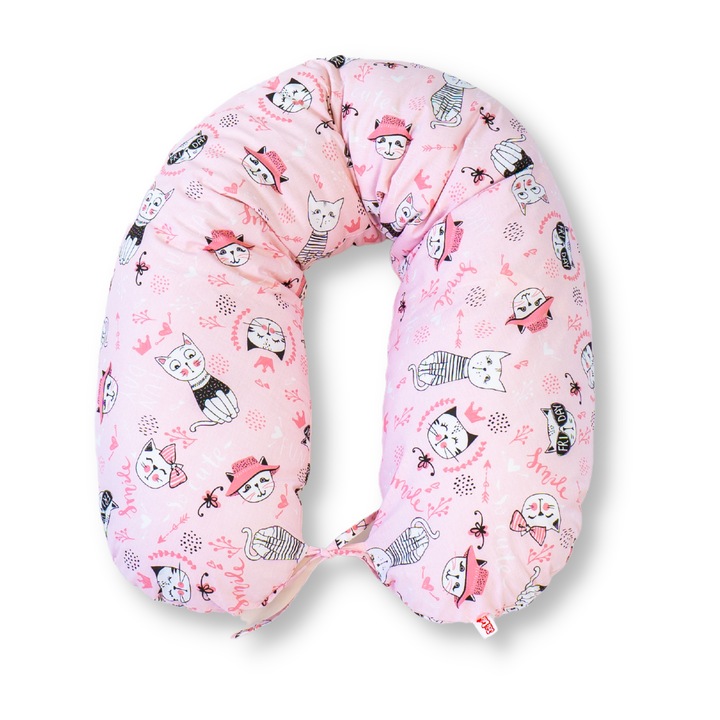 Perna pentru gravide tip cornulet 3 in 1 din bumbac, pisici cu roz