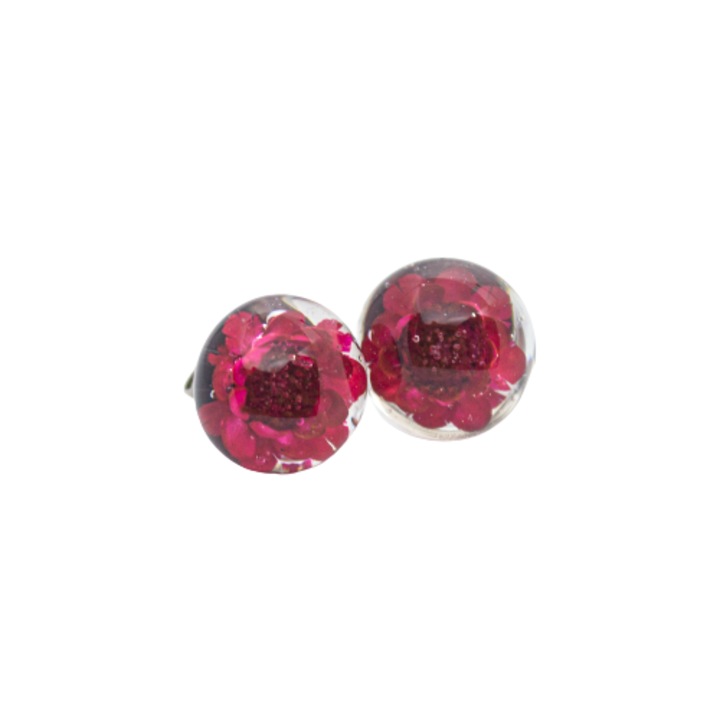 Cercei handmade din rasina, Flori uscate Glixia, Rosu, 13 mm