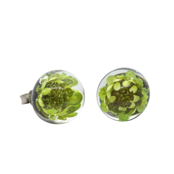 Cercei handmade din rasina, Flori uscate Glixia, Verde deschis, 13 mm