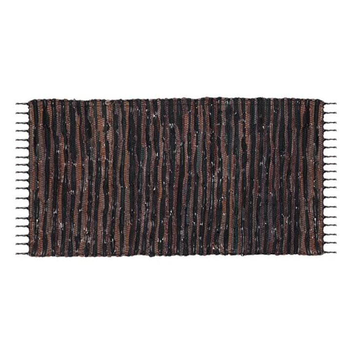 Covor decorativ piele, cu franjuri scurte si model, Maro / Negru, 130 x 70 cm