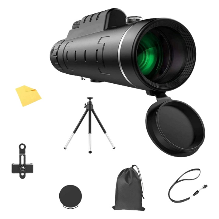Set monocular cu trepied si suport telefon, antireflex, optica din sticla, husa