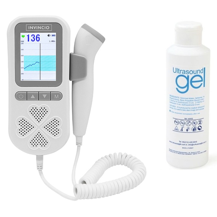 Monitor Fetal Doppler Pentru Monitorizare Functii Vitale Fat Intrauterin, INVINCIO, Zero Radiatii, Gel Ultrasunete Inclus, Monitorizare Functii Vitale Fat, Ecran Color LCD, Detectarea Batailor Inimii, Puls bebelus, culoare Alb/Gri