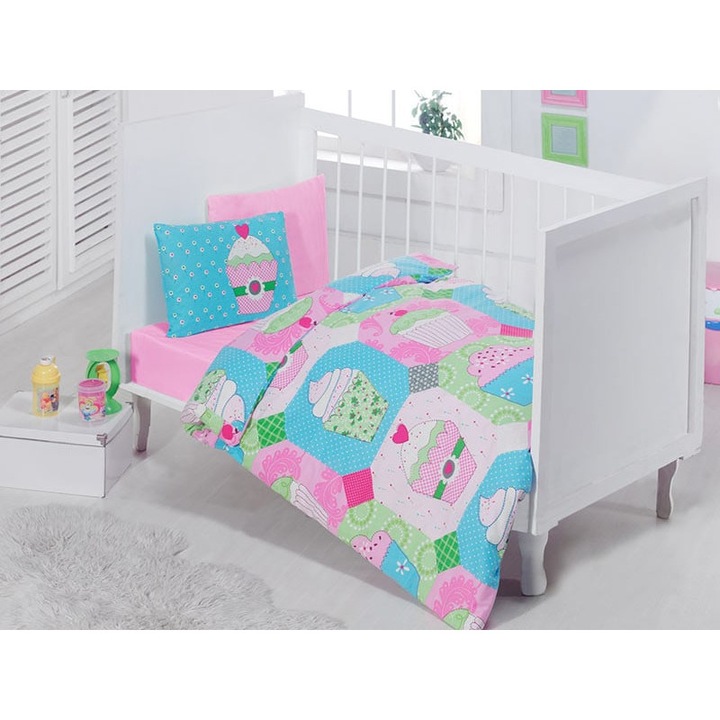Lenjerie de pat pentru Patut Bebe, Cottonbox, Pasta, Roz, Bumbac 100%, 4 piese