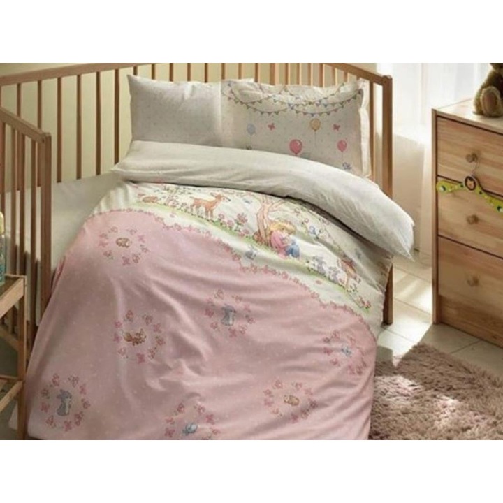 Lenjerie de pat pentru Patut Bebe, TAC, Candy, Roz, Bumbac 100%, 4 piese