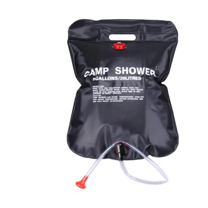 Преносим душ, Eliandeco ®, захранван от слънчева енергия, идеален за туризъм и приключения, гъвкав маркуч, регулируемо налягане, 20 л, черен