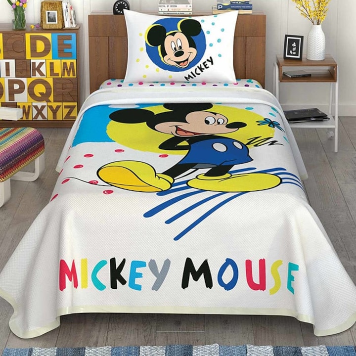 Комплект спално бельо и завивка за легло 100x200 см, TAC, цвят Мики Маус, 100% памук, 3 части