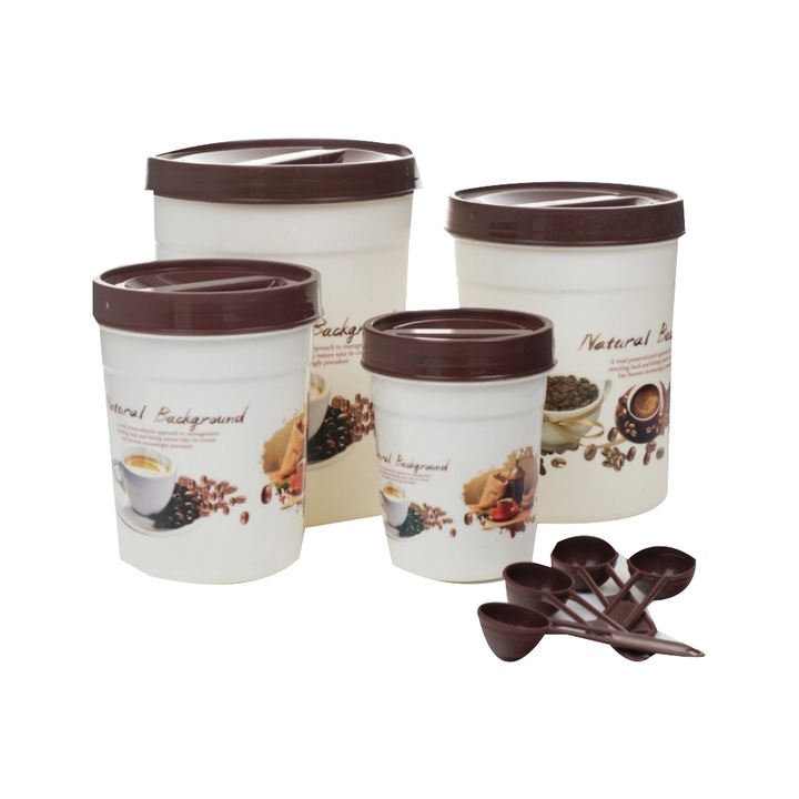 Set 4 recipiente pentru Condimente cu Lingurite si Capace, Plastic