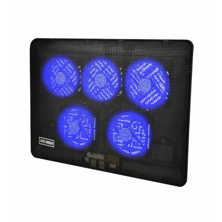 Универсален охладител за лаптоп TNS®, 5 вентилатора, съвместим 12-17 инча, безшумен, синя светлина, USB 3.0, 3 режима на работа, регулируем, матово черен