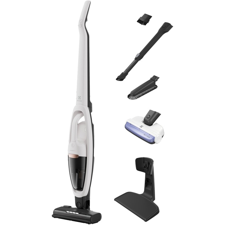Вертикална прахосмукачка Electrolux Series 500 ES52HB25SH, 25.2V, 2000 mAh, 3 нива на мощност, Многоповърхностна четка PowerPro с LED светлина, BedPro+ с UV светлина за тапицерия, Накрайник с фини влакна за мебели, Автономност 55 мин, White shell