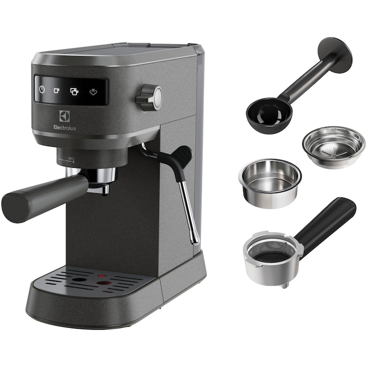 Espressor manual Electrolux Explore 6 E6EC1-B6ST, 1400W, 15 bar, 1l, suport incalzit pentru cesti, tehnologie Thermo-Block pentru incalzire rapida, Auto-Shot Volume Control, optiune apa fierbinte, notificare decalcifiere, negru
