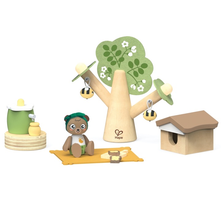 Interaktív fa készlet, Hape, Piknik méhekkel és kaptárral, 15 db