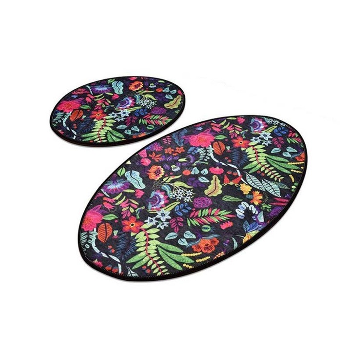 Комплект 2 постелки за баня Chilai Home, Картина, Овални, Черен