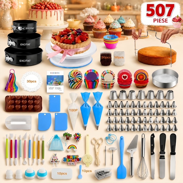 Set patiserie decorat tort, Excitat®, 507 piese, Platou Rotativ, Duze pentru Ornat si Taietor Blat, Refolosibile, Pentru coacere impachetarea prajiturii si finisare contur decor, Material certificat LFGB, Inox/Silicon, Multicolor