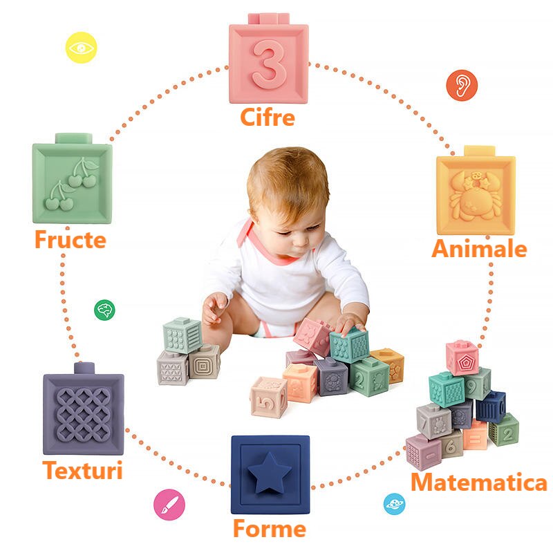 Set 12 Cuburi Educative Interactive din Silicon, 6 Fete Diferite ...