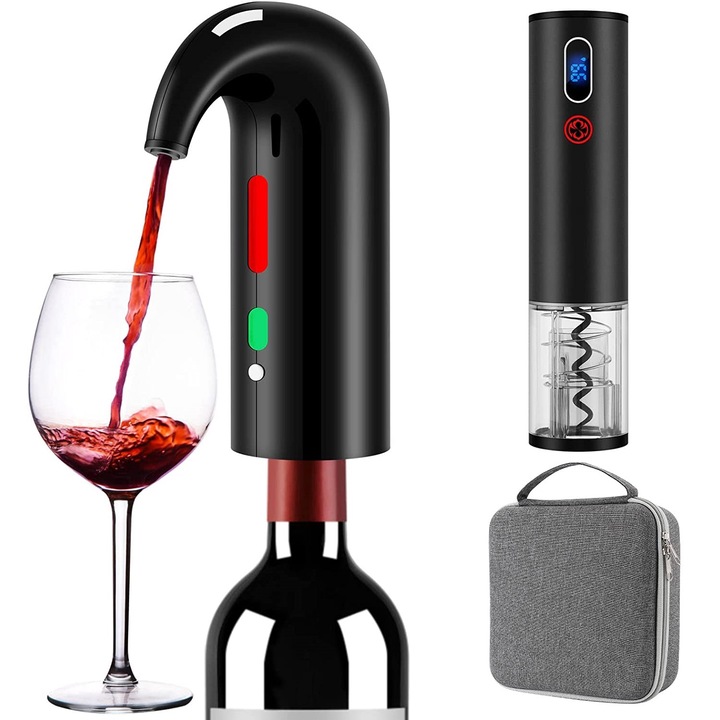 Set Aerator Electric Reincarcabil, Decantor pentru Vin Alb, Rosu sau Roze, Tirbuson Electric, Accesoriu taiat folie, Dop vacuum, Negru