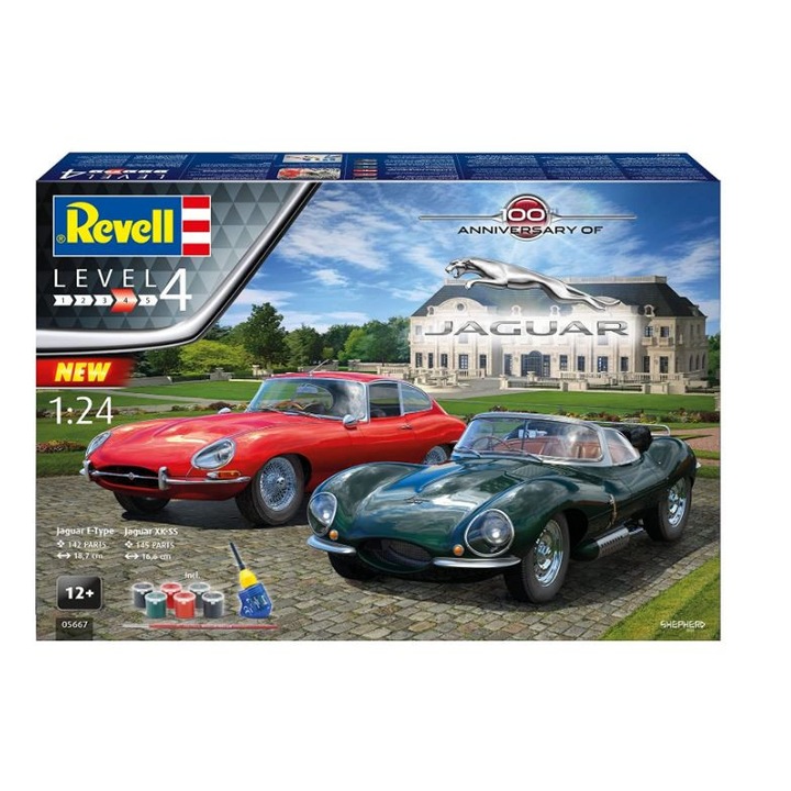 2 db Revell Jaguar 100 éves építőmodellből álló jubileumi készlet, 287 darab