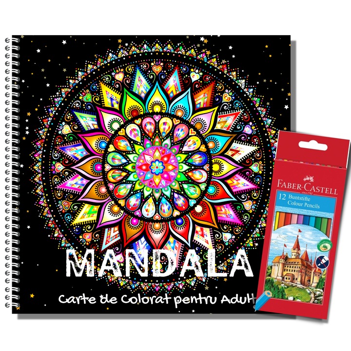 Carte de Colorat pentru Adulti, Mandala cu Forme Rotunde si Set 12 Creioane Colorate Faber Castell, 104 Pagini