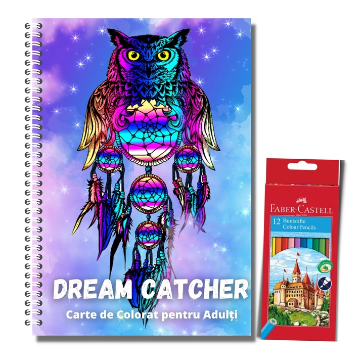 Carte de Colorat pentru Adulti, Mandala Dream Catcher si Set 12 Creioane Colorate Faber Castell, 104 Pagini