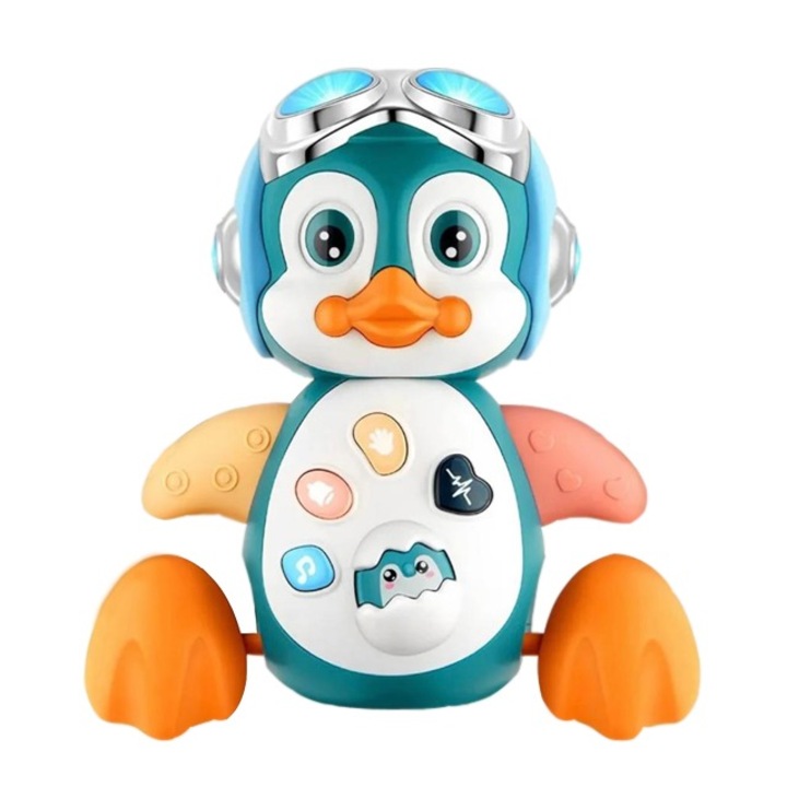 Jucarie educativa Pinguin cu muzica si lumini, pentru baieti si fete, albastru, tin asten