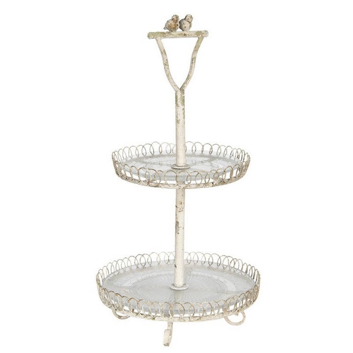 Platou 2 etajere fier alb antichizat 36x65 cm