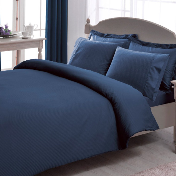 Спално бельо за 2 човека, TAC, King Size, Premium Basic Stripe, Navy Blue, 100% памук, 6 части