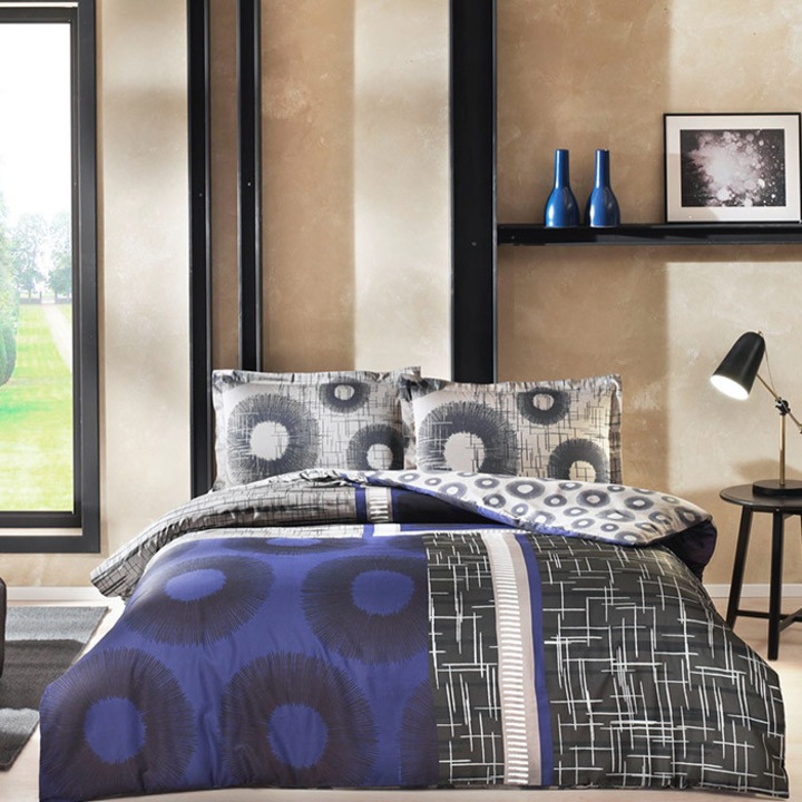 Спално бельо за 2 човека, TAC, Lionel, Navy Blue, Satin, 6 части