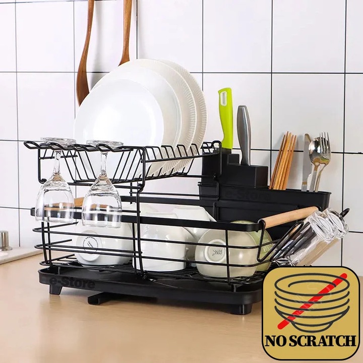 Scurgator, picurator vase chiuveta etajat, uscator vase cu protectie cauciuc, suport tacamuri, pahare, manere lemn, tava si tub de scurgere, negru, 42x32x27cm, Callena