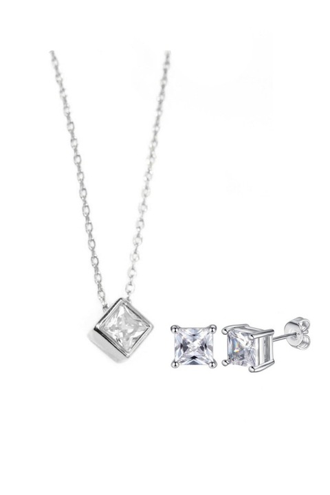 Set lantisor din argint 925 cu pandantiv patrat cu zirconiu si cercei patrati cu piatra de zirconiu, 40 cm