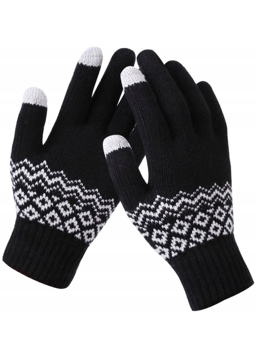 Дамски ръкавици със скандинавска шарка, Edibazzar, Акрил, Черни, Един размер