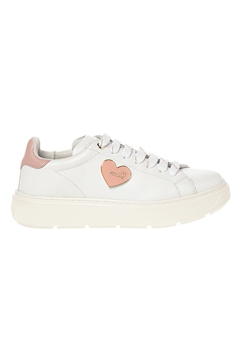 Love Moschino, Кожени спортни обувки с контрастно лого, Бял/Прашно розово