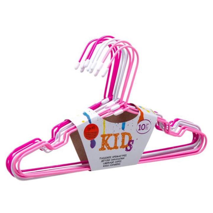 Set 10 Umerase Metalice Baby, Pentru Hainutele Micute Ale Copiilor, Alb, Roz Deschis, Roz Inchis, 30 cm