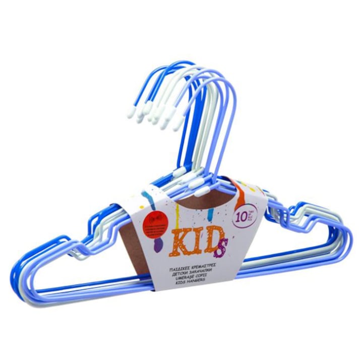 Комплект от 10 бебешки метални закачалки, за малки детски дрехи, бели, светло сини, тъмно сини, 30 см