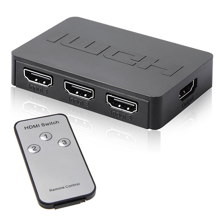 Comutator HDMI, Ikkegol, Cu 3 porturi de intrare si 1 de iesire, cu telecomanda