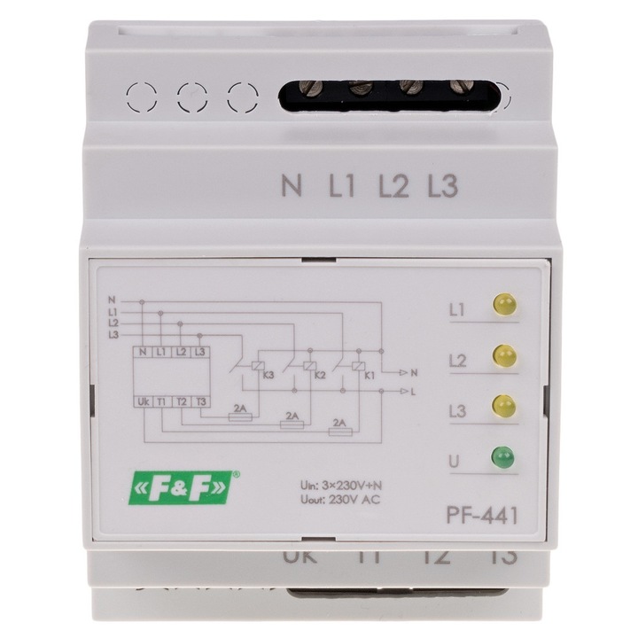 Comutator automat de faza, F&F, Model PF-441, 3 x 230V+N, Alb