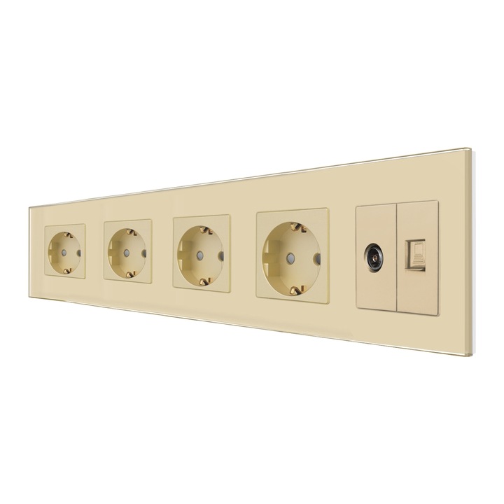 Priza Cvadrupla Schuko + TV + Internet cu Rama Din Sticla LUXION, Auriu, LX-4MP010/26/25G-G