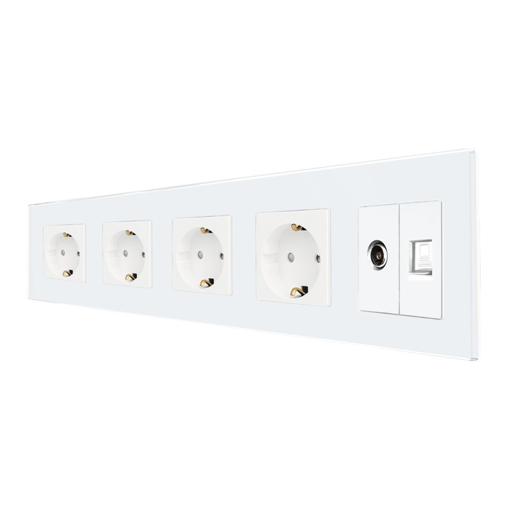 Priza Cvadrupla Schuko + TV + Internet cu Rama Din Sticla LUXION, Alb, LX-4MP010/26/25G-W